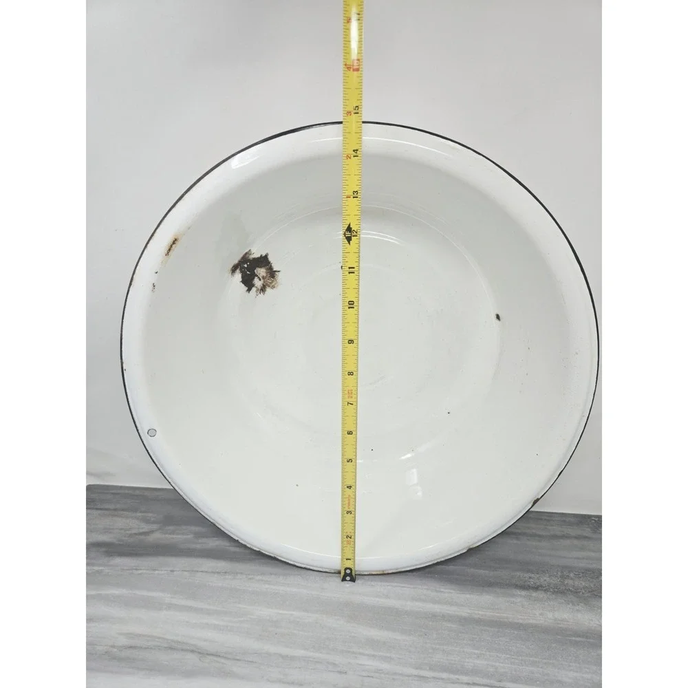 VTG White Black Enamelware Basin Bowl Antique Primitive Large 15